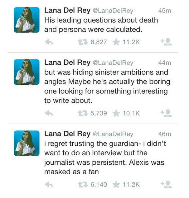 Lana Del Rey's tweets responding to a controversial 2014 Guardian interview about death and persona.