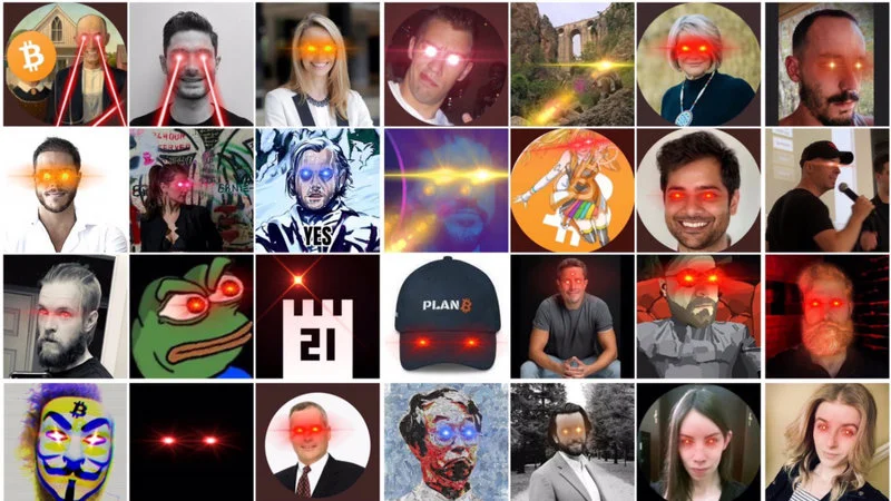 Comprehensive collage of Bitcoin community laser eyes participation.