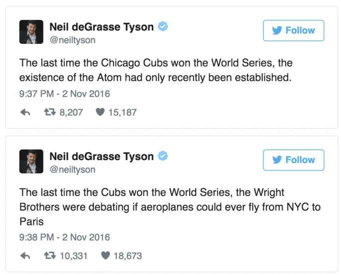 Neil deGrasse Tyson's tweets contextualizing the Cubs' 108-year drought with the state of science and technology in 1908.