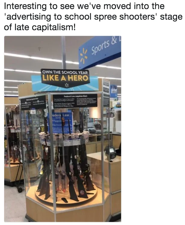 A tweet reacting to a novelty bacon-cooking toaster as a symptom of late capitalism.