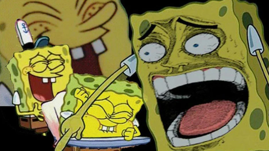 The primary composite image for the 'Laughing SpongeBob' meme, combining the source cartoon frame with the distorted close-up reaction face.