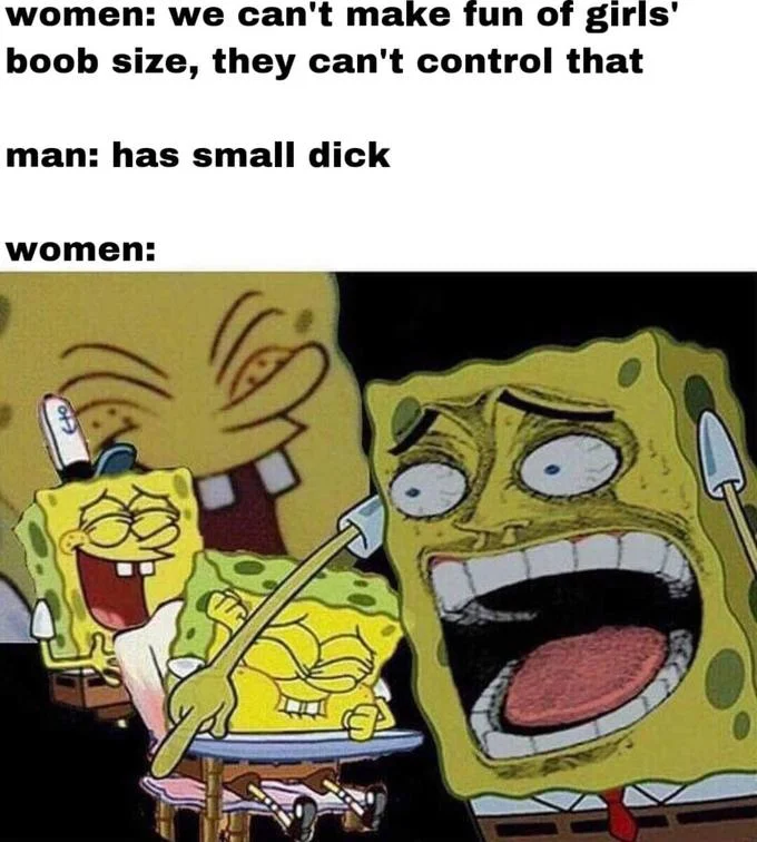 A 'Laughing SpongeBob' variant used as commentary on perceived double standards in body-shaming discourse.