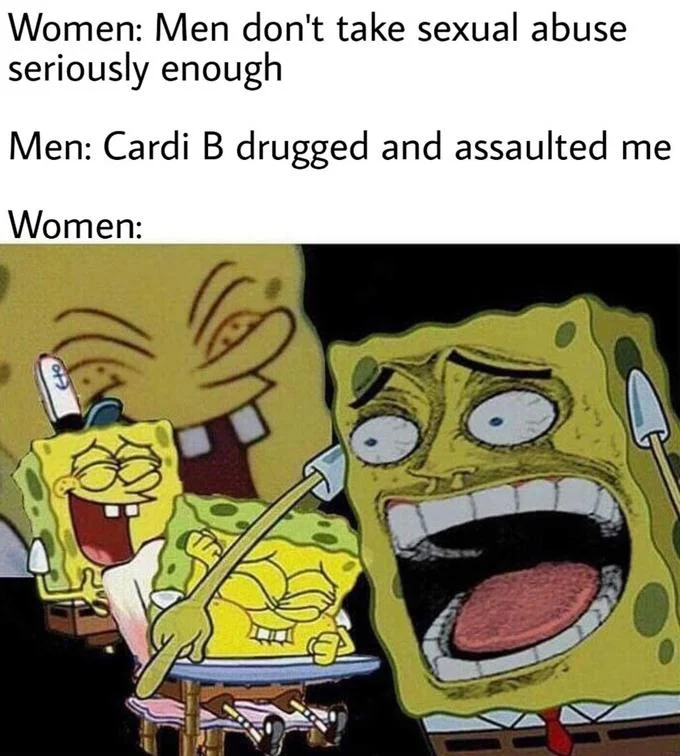 A 'Laughing SpongeBob' variant used to comment on media reactions surrounding Cardi B's admission of drugging and robbing men.
