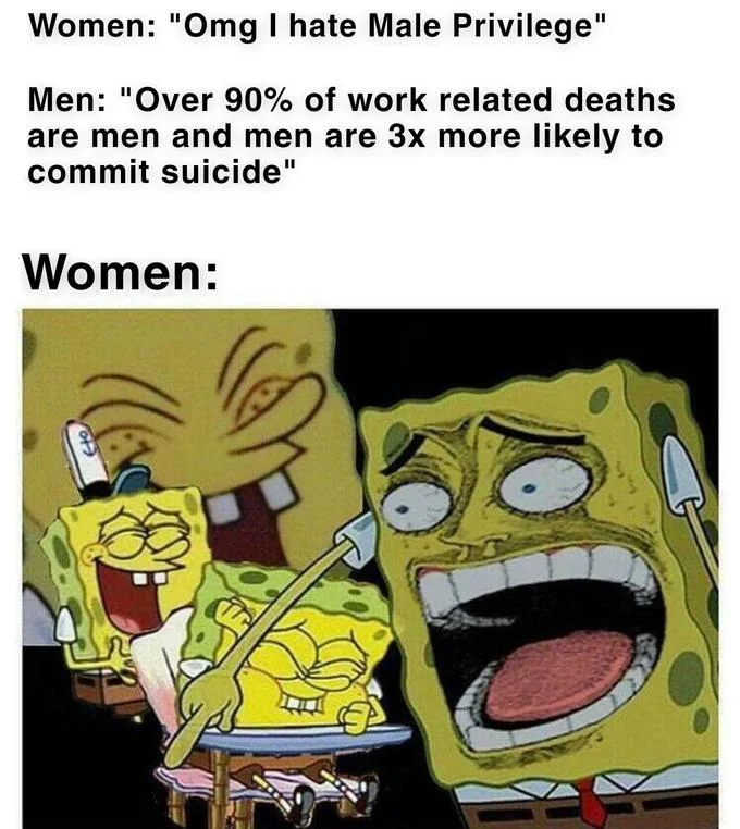 The 'Laughing SpongeBob' meme deployed as a reaction image in a gender-politics format joking about dismissive responses to male issues.