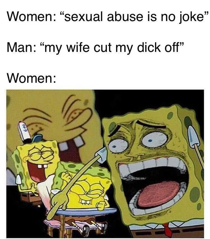 An example of the 'Laughing SpongeBob' meme used in a controversial reaction format about gendered responses to abuse claims.