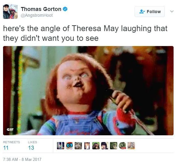 A tweet from Thomas Gorton likening Theresa May's laughing pose to horror-film character Chucky.