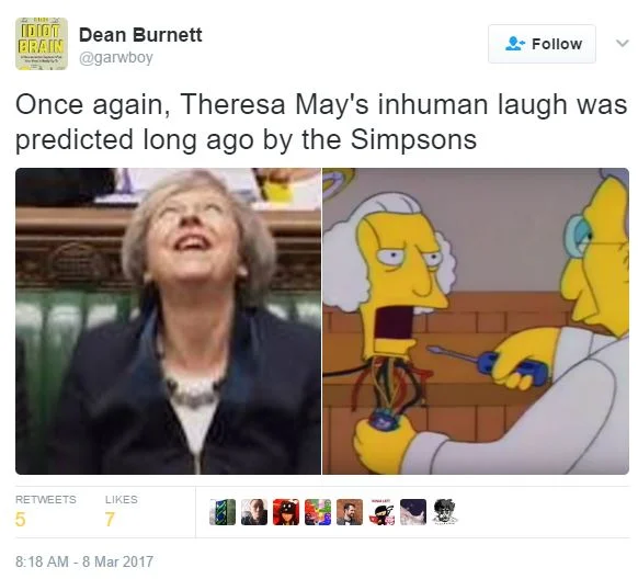 Dean Burnett's tweet juxtaposes Theresa May's laugh with Sideshow Bob, joking that The Simpsons predicted it.