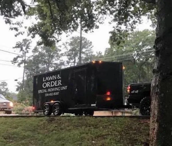 A real-world lawn care company punning on the Law & Order: SVU brand as 'Lawn & Order: Special Mowing Unit.'