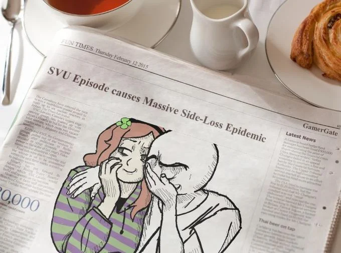 A parody news illustration playing on the emotional impact of 'Law & Order: SVU' episodes.