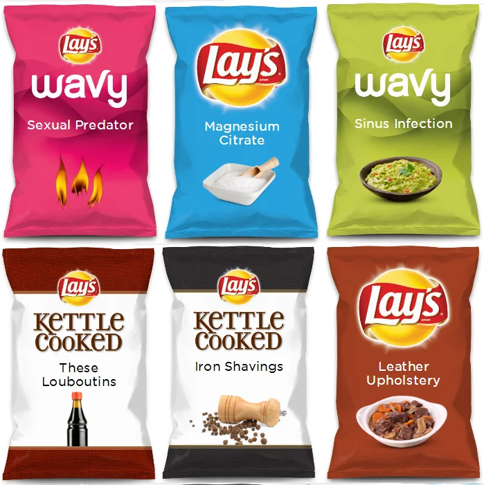A collection of parody Lay's 'Do Us A Flavor' chip bag designs featuring intentionally unappetizing flavors.