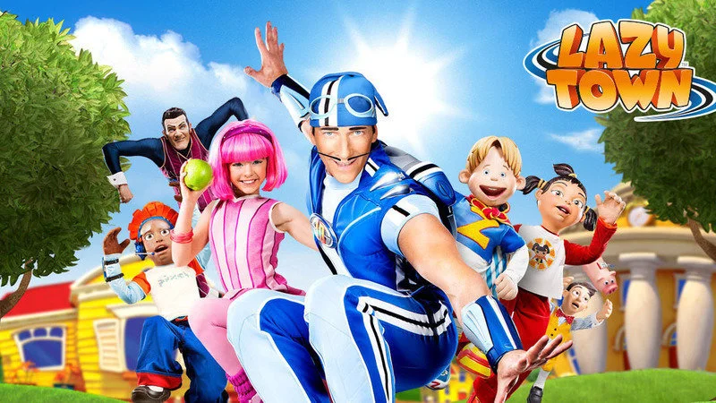 The iconic LazyTown cast in their distinctly colorful costumes.