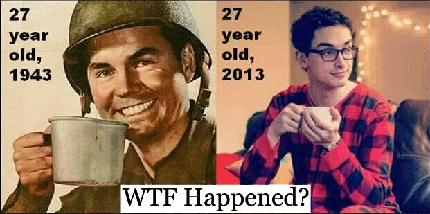 Generational comparison meme mocking modern youth versus WWII era.