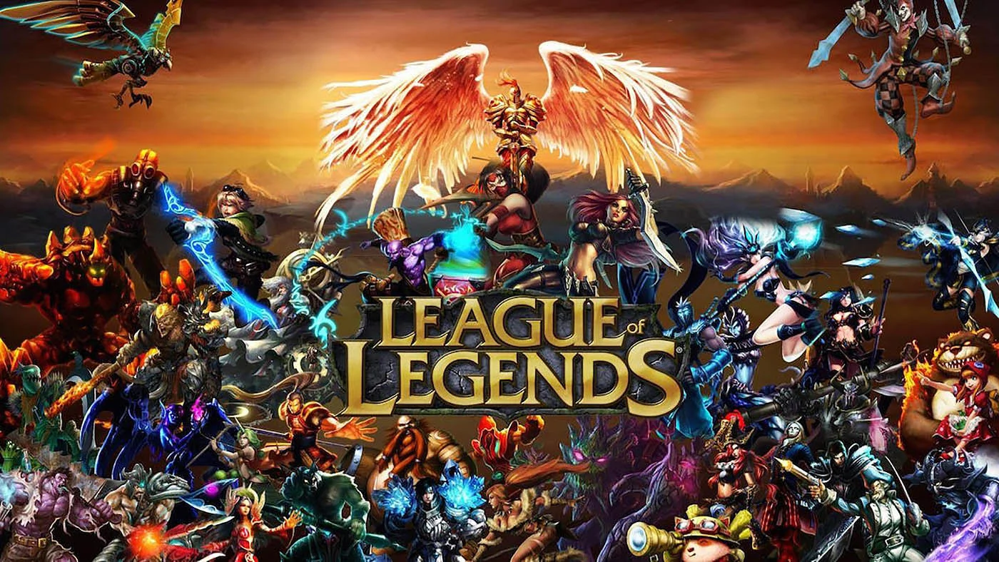 Official League of Legends promotional key art featuring the game's logo surrounded by its roster of champions.