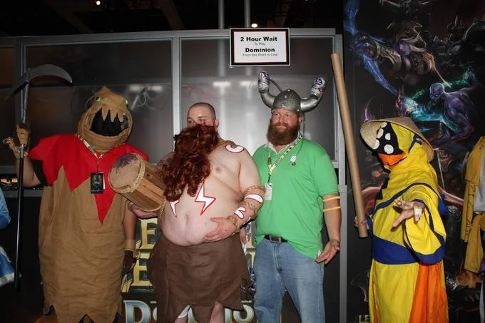 A creative fan cosplay of the Riot Games office water cooler seen at a League of Legends community gathering.