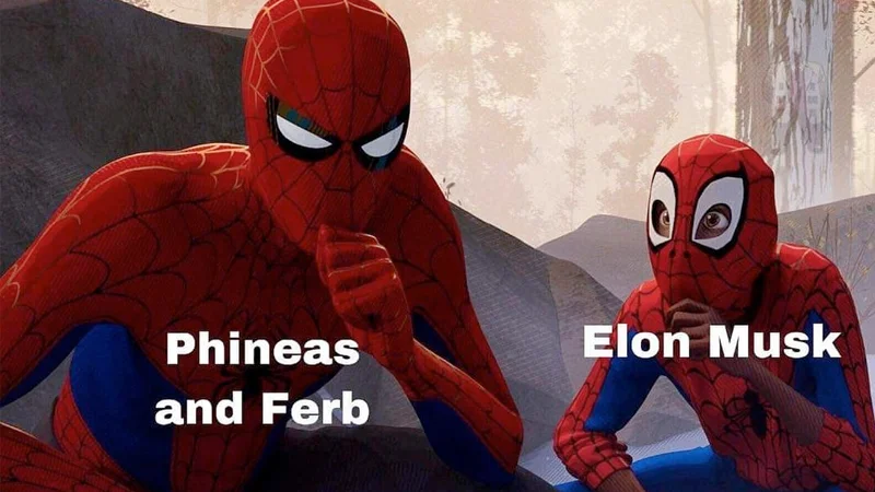 The 'Peter Parker teaching Miles Morales' scene from Into the Spider-Verse used as the meme template, with example captions labeling the two Spider-Men.