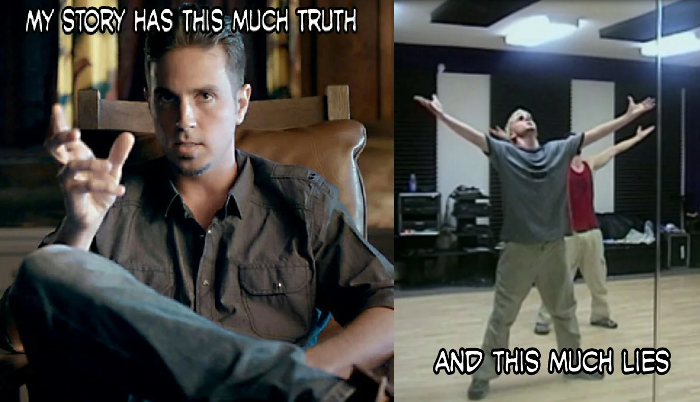 A satirical meme edit of the Michael Jackson and young accuser photograph, adding a thought bubble poking fun at the Leaving Neverland controversy.