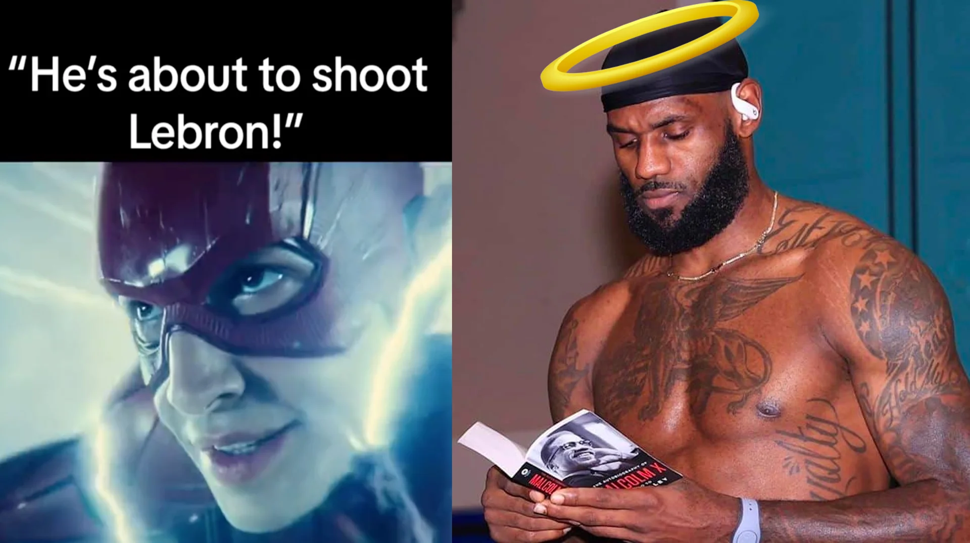 A popular 'Lebron Glazing' meme juxtaposing a Flash movie caption with an angelic, saint-like depiction of LeBron James.