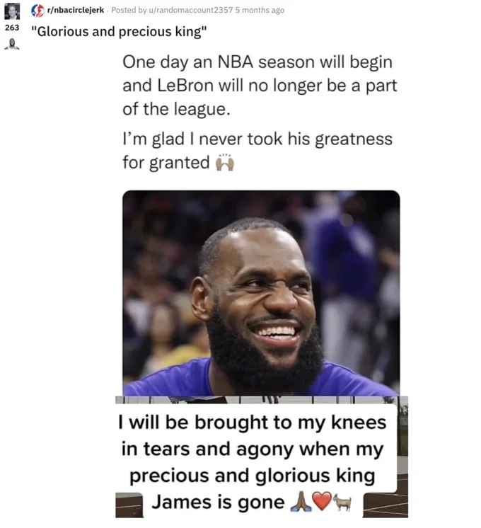 An r/nbacirclejerk post exemplifying the satirical 'Lebron glazing' trend, mourning the eventual end of LeBron James' career.
