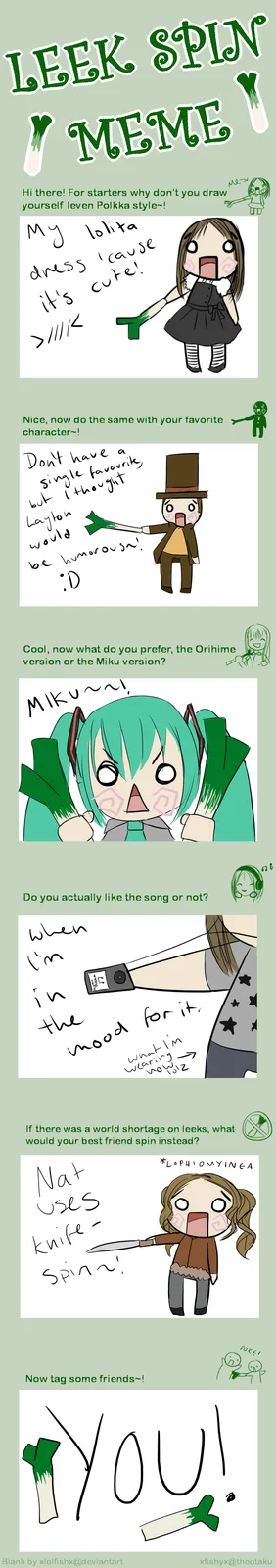 Fan artwork celebrating the Leekspin meme with anime characters.