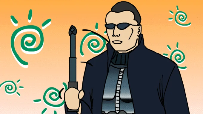 Leekspin character artwork with spiral background design.