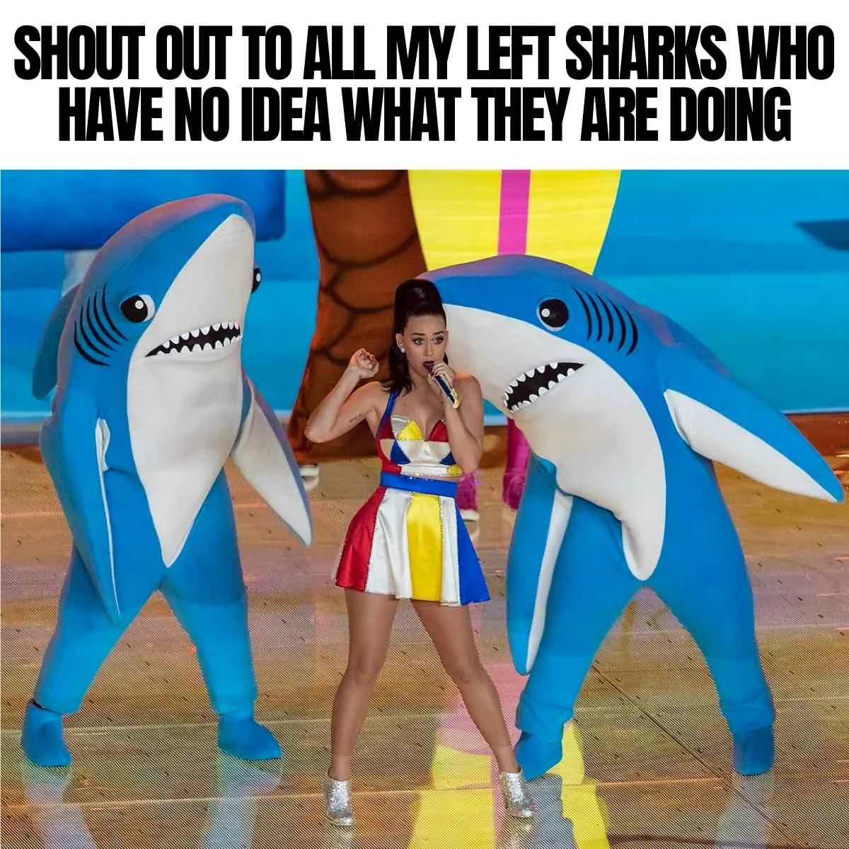 Left Shark meme - Katy Perry Super Bowl halftime show with blue shark dancers, 2015