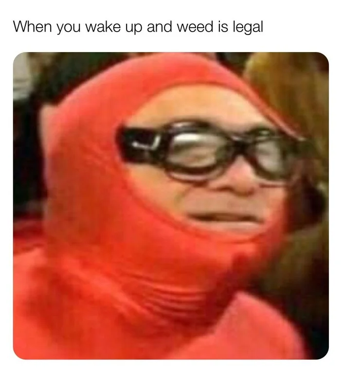 A reaction meme depicting how one might feel waking up to find marijuana legalized in Canada.