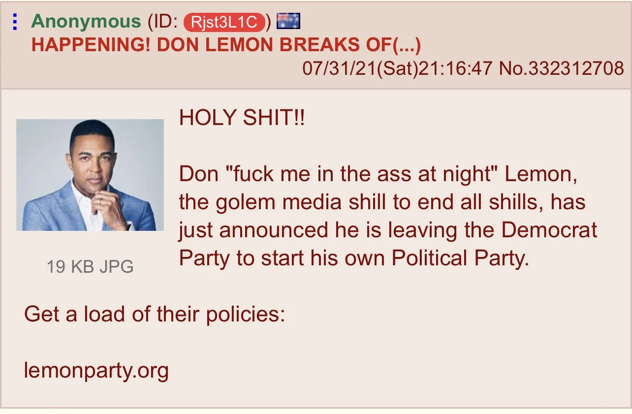A 4chan greentext-style post using Don Lemon as bait to promote the Lemon Party shock URL.