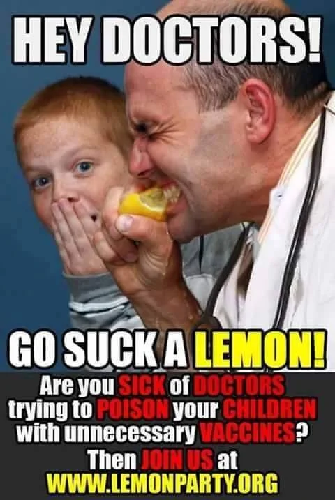 A ragebait meme exploiting anti-vaccine sentiment to redirect readers to the Lemon Party shock URL.