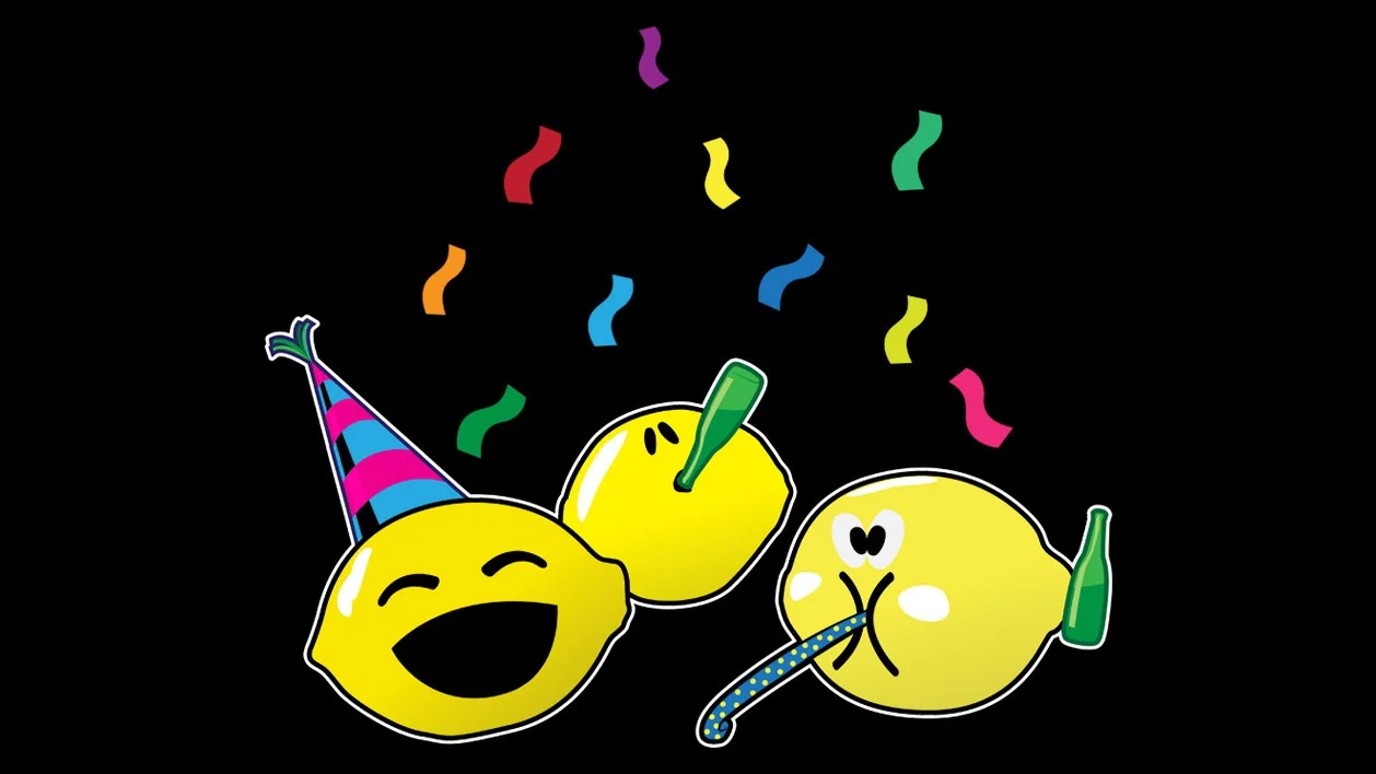 The iconic Lemon Party cartoon logo featuring festive anthropomorphic lemons celebrating.
