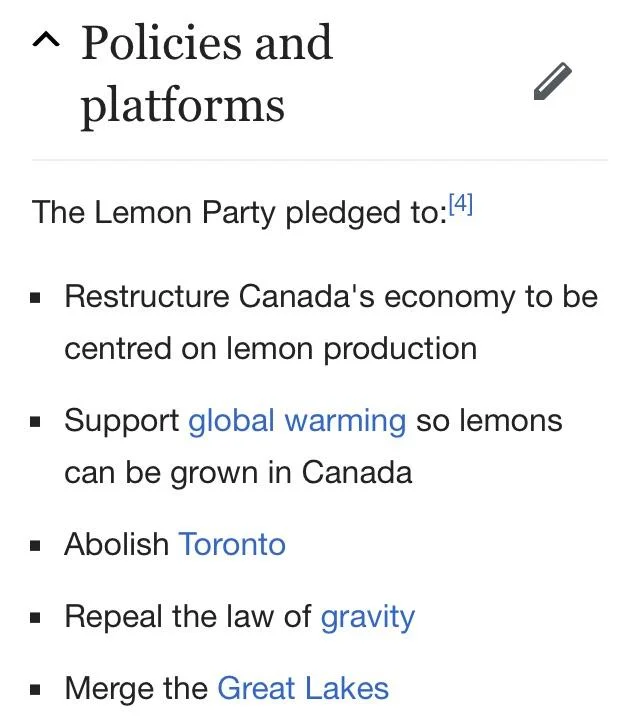A satirical Wikipedia-style entry outlining the absurd policy platform of the fictional Canadian 'Lemon Party'.