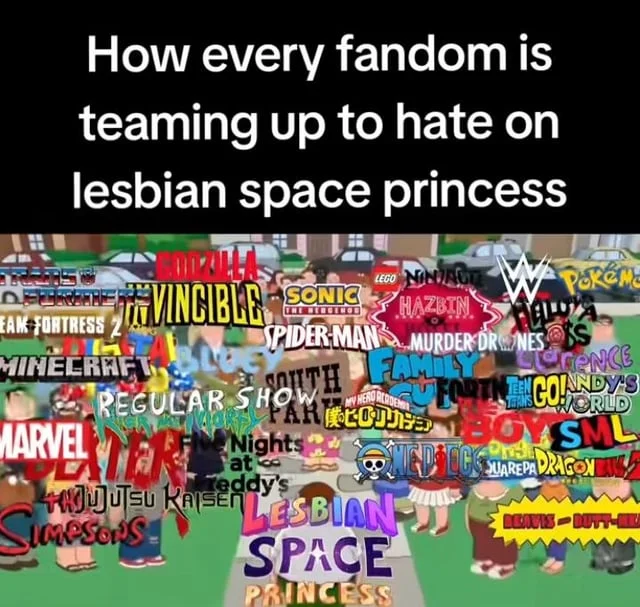 A meme depicting the sheer breadth of fandoms joining the pile-on against Lesbian Space Princess.