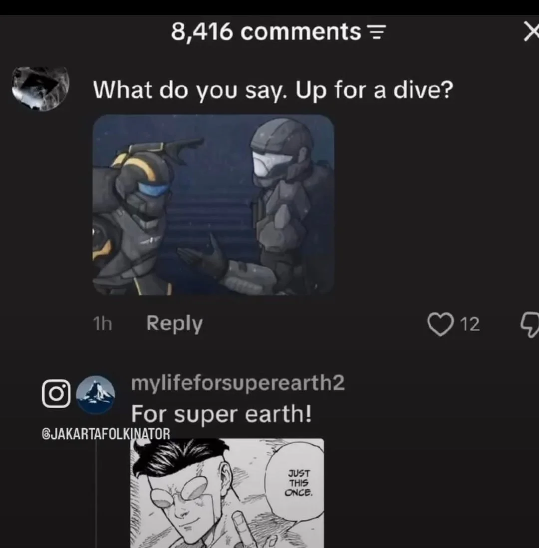 Helldivers fans join the fandom truce with the meme's signature 'just this once' phrase.
