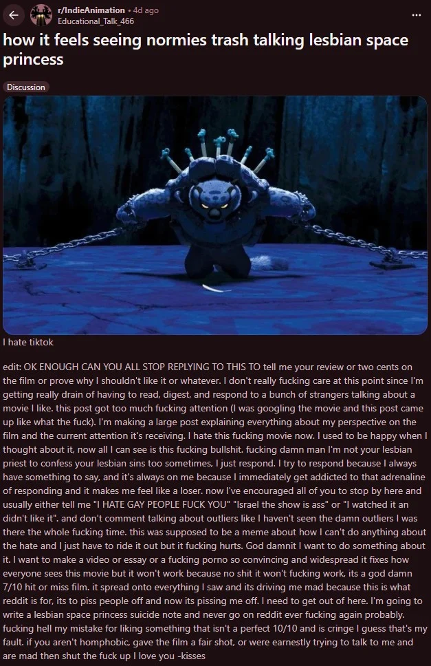 A Reddit user vents about the exhausting online discourse and hate directed at Lesbian Space Princess.