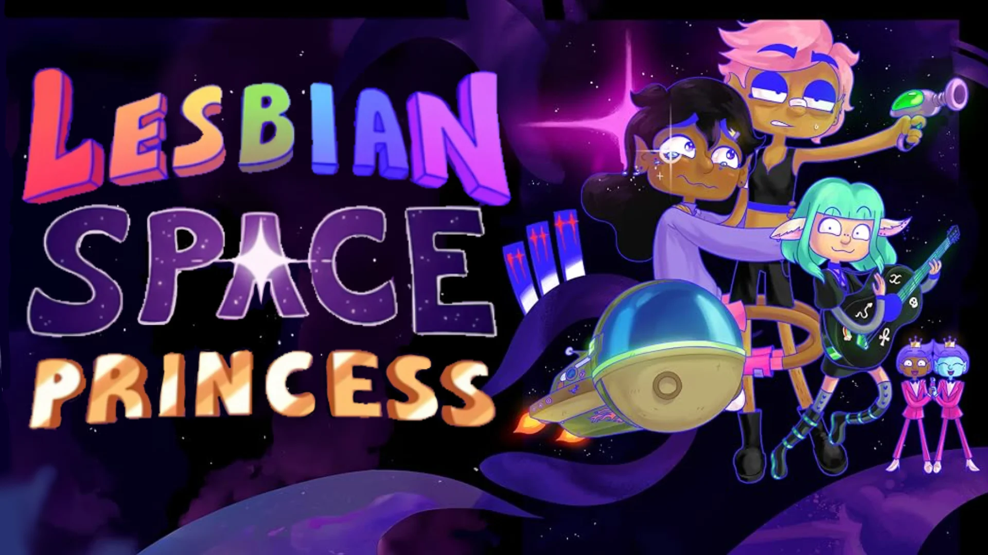 Key art for the animated film 'Lesbian Space Princess' featuring the main cast set against a cosmic backdrop.