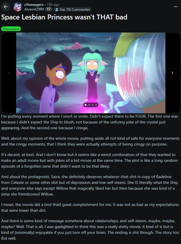 A Reddit discussion from r/teenagers offering a mixed review of the film Lesbian Space Princess.