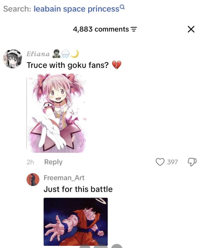 TikTok comments joking about anime fandoms uniting in reaction to Lesbian Space Princess.