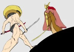 Animated male warrior with dual swords and 'LET ME SOLO HER' text