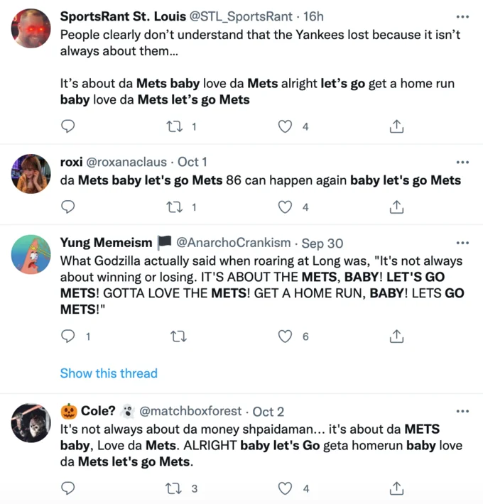 Twitter thread demonstrating viral meme spread.