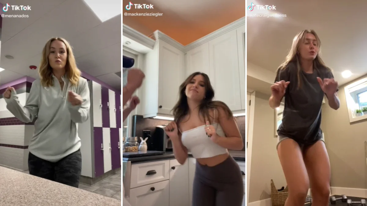 Compilation of TikTok creators (@menanados, @mackenzieziegler, and @katecraigwellness) participating in the 'Let's Groove Tonight' dance trend, which pays homage to previous owners of their homes.