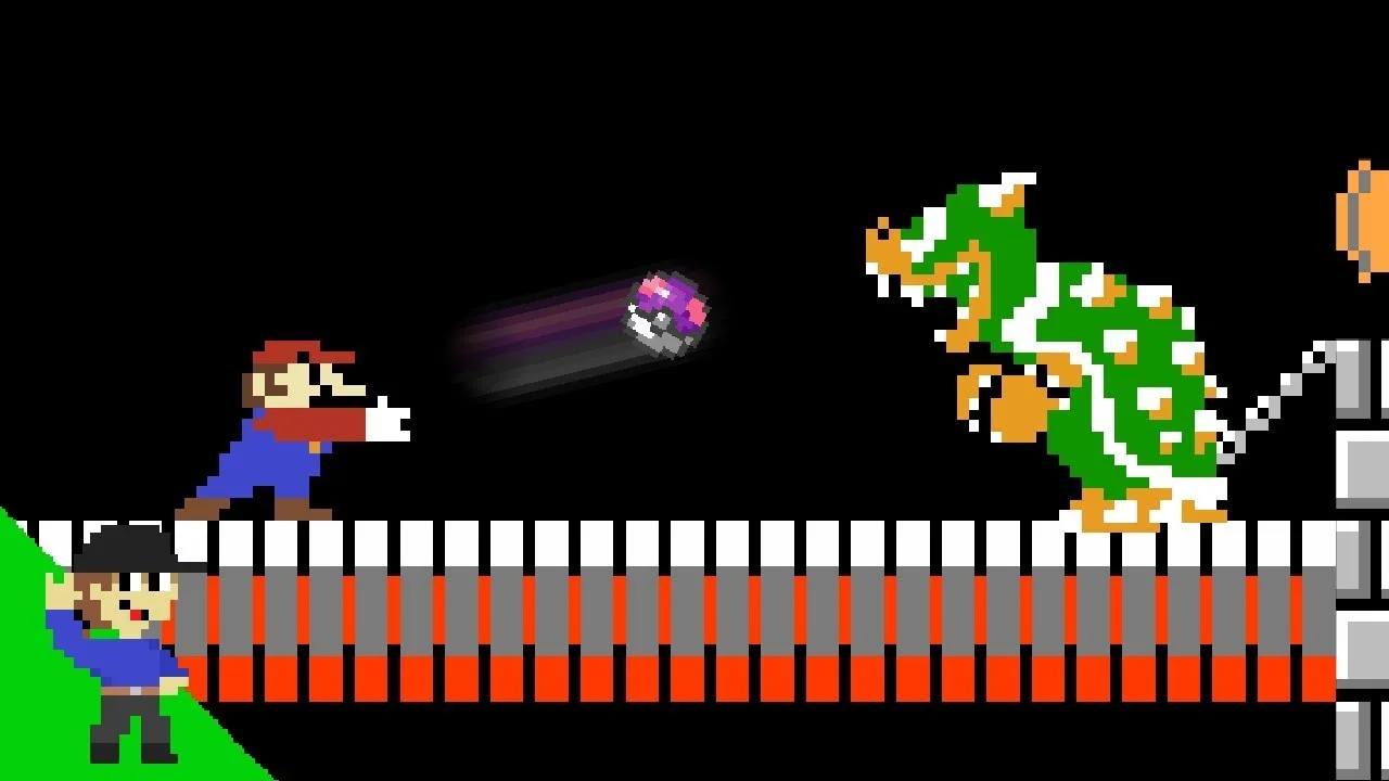 A pixel-art mashup scene depicting Mario battling Bowser with a Pokeball, illustrating the 'level-up' meme's crossover gaming aesthetic.