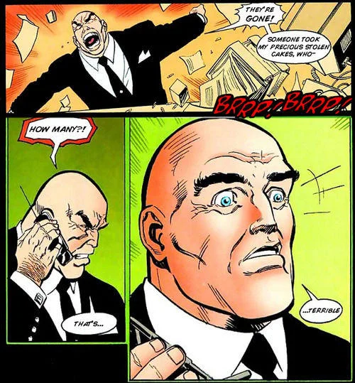 A canonical DC comic sequence in which Lex Luthor's stolen cakes are themselves stolen, referencing the Super Dictionary meme with the punchline 'that's...terrible.'