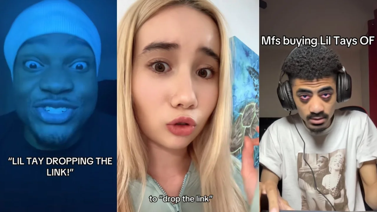 A collage of TikTok reactions that popularized the 'Lil Tay Dropping the Link' meme following the launch of her OnlyFans.