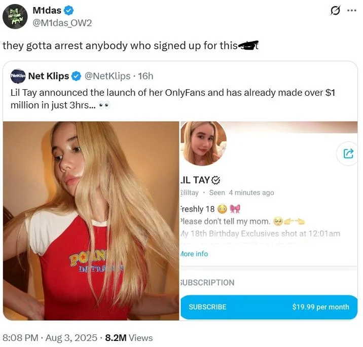 A widely shared Twitter reaction to the Net Klips report on Lil Tay's OnlyFans debut, garnering over 8 million views.