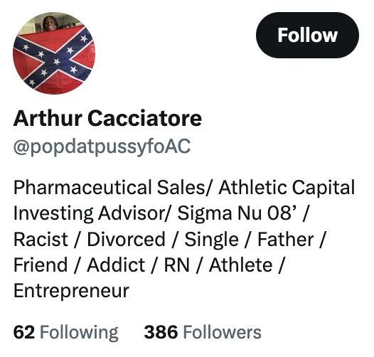 The Twitter profile of Arthur Cacciatore, the account behind the viral 'burnerverse' trolling reply.