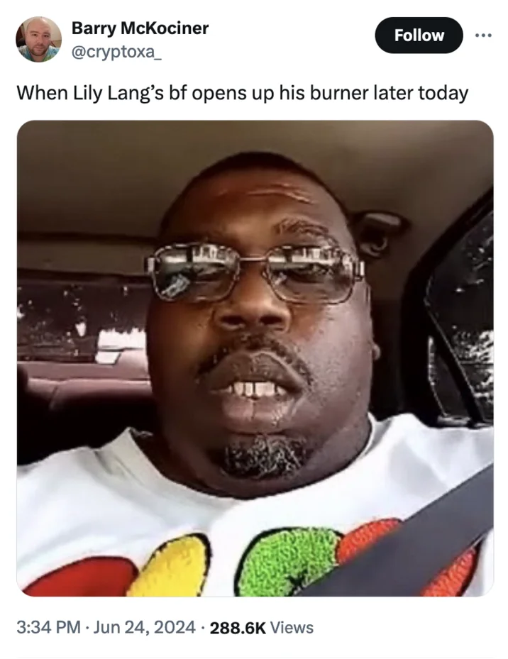 A reaction tweet imagining the moment Lily Lang's boyfriend would fire up his own burner account in response.