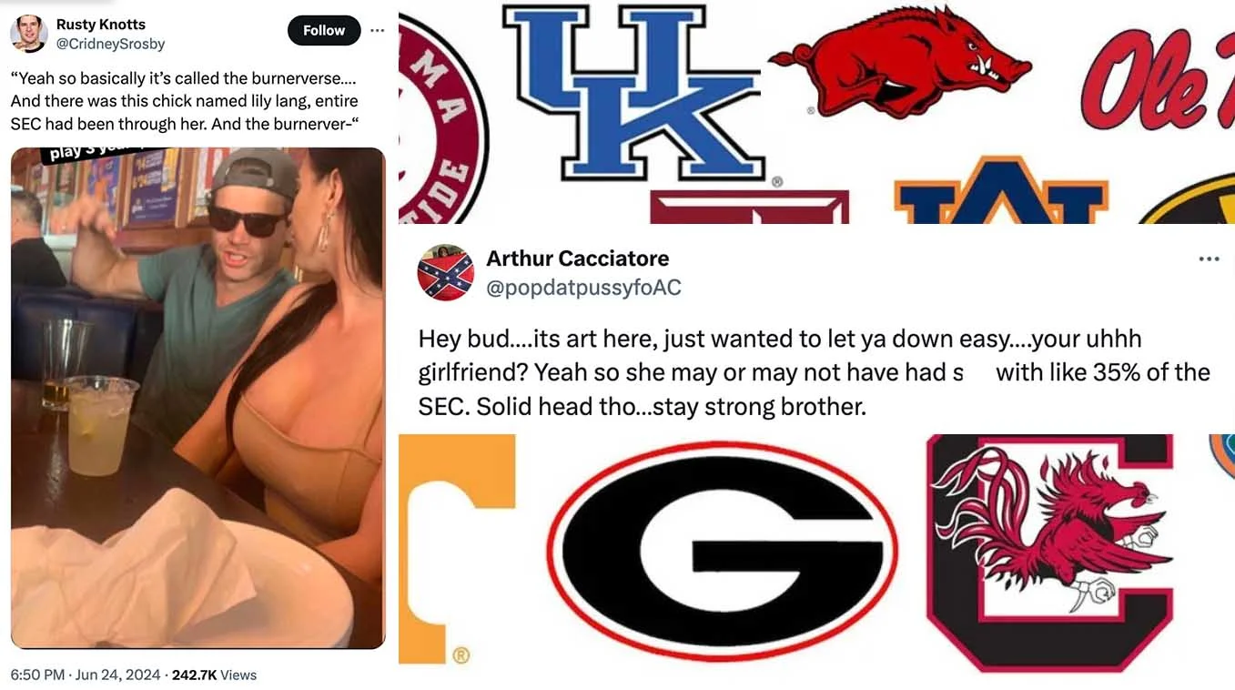 The viral tweets that launched the 'Lily Lang SEC burnerverse' saga in June 2024, framed by SEC school logos.