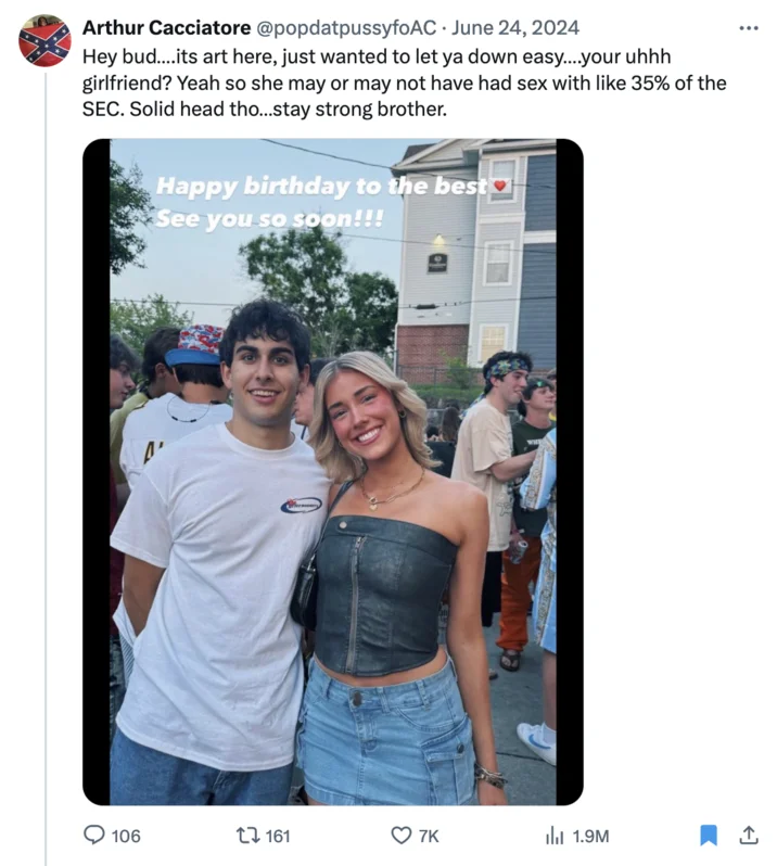 Arthur Cacciatore's viral reply informing a boyfriend that his girlfriend had allegedly been through much of the SEC.