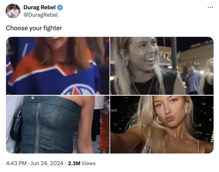 A 'Choose your fighter' reaction tweet riffing on the various women involved in the burnerverse discourse.
