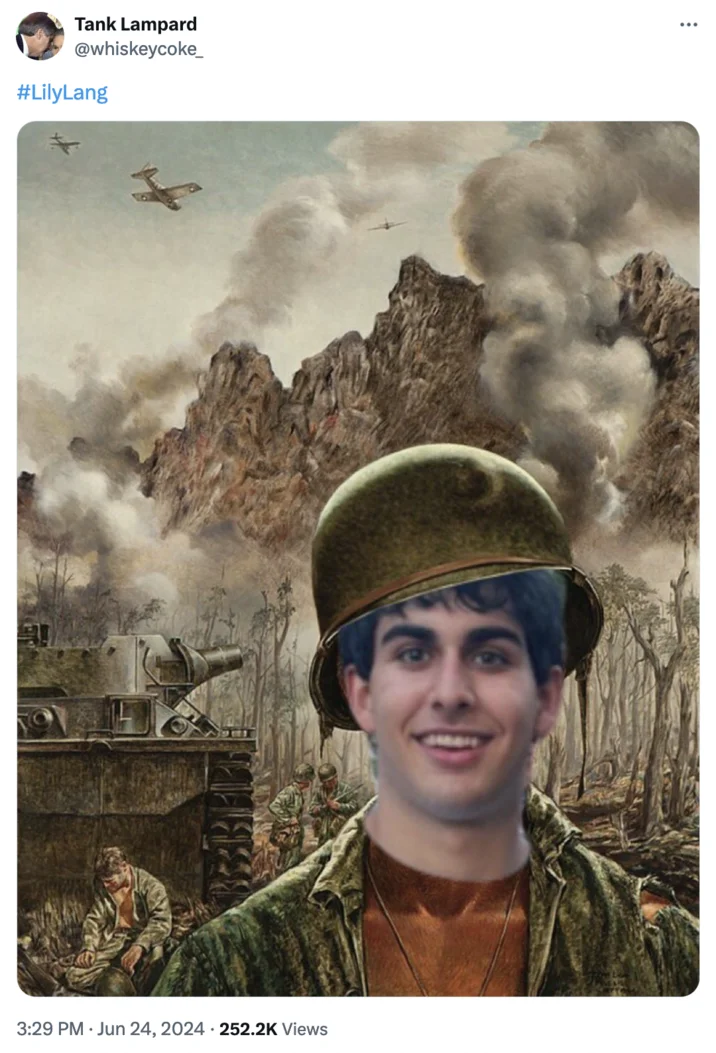 A photoshopped 'war hero' edit of Lily Lang shared as part of the wave of trolling around the burnerverse saga.