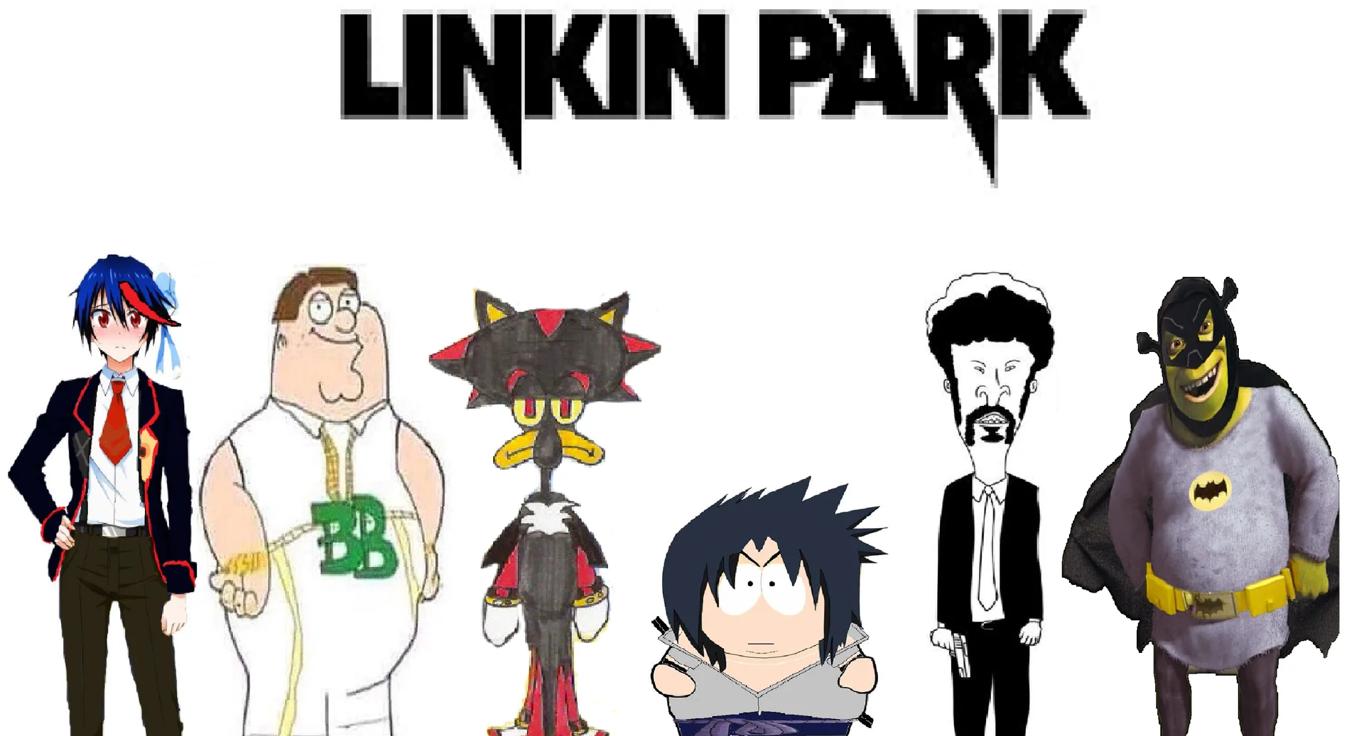 Absurdist meme reimagining Linkin Park's lineup as a mismatched cast of internet characters.